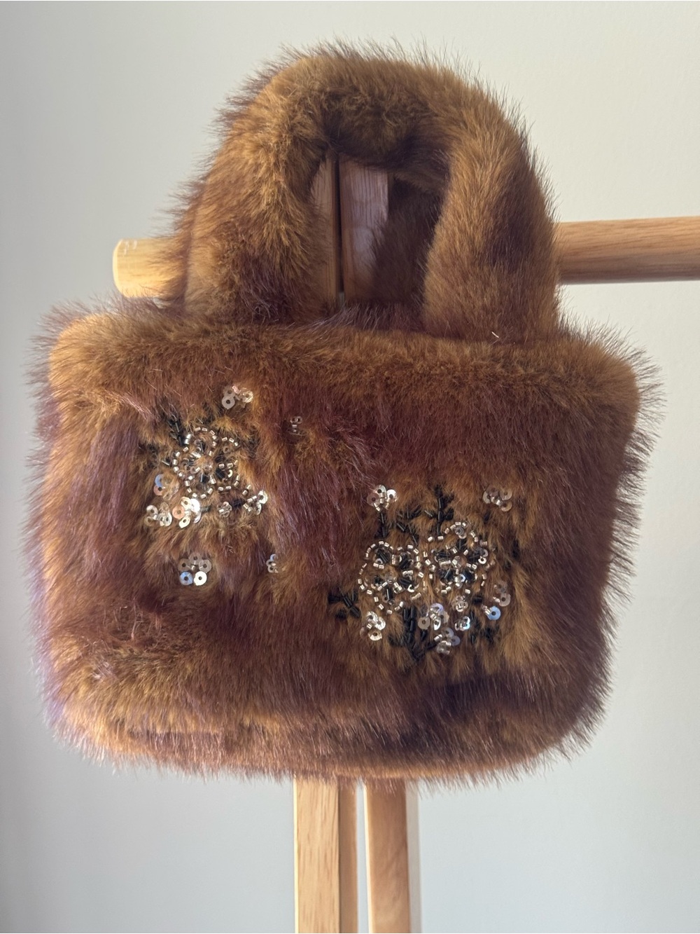 Zara Brown Faux Fur Mini Bag with Sequin Floral Accents